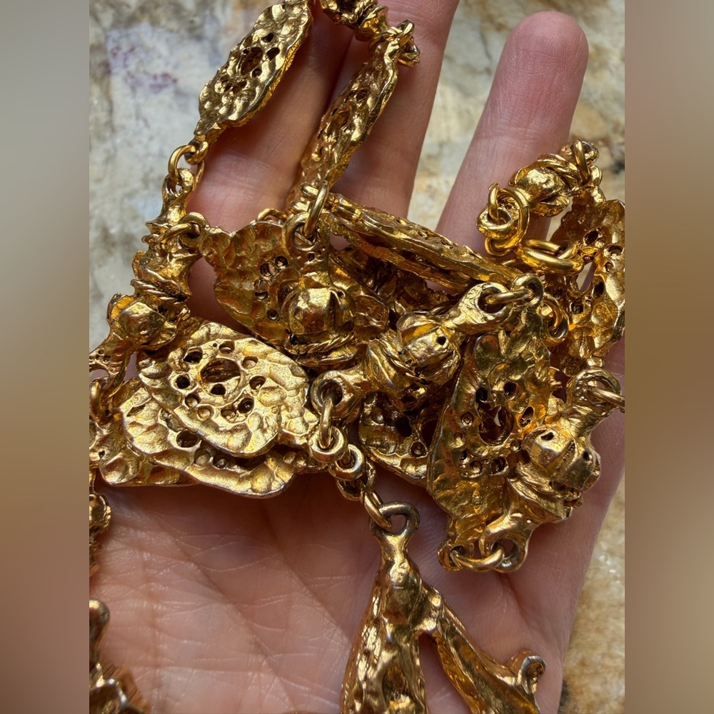 Massive VTG 80s Runway Lizard Necklace - 112g Molten Gold Style - Heavy Couture - Picture 9 of 11